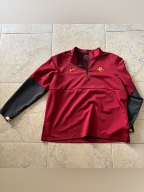 Nike Men's Scarlet and Black Quarter-Zip Pullover with Yellow Swoosh